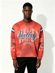 Custom Vintage Acid Wash Red Crewneck Sweatshirt Valley Retro Varsity Distressed Print Striped Sleeve Oversized Unisex Streetwear Pullover OEM ODM Private Label Custom Logo Wash Fabric