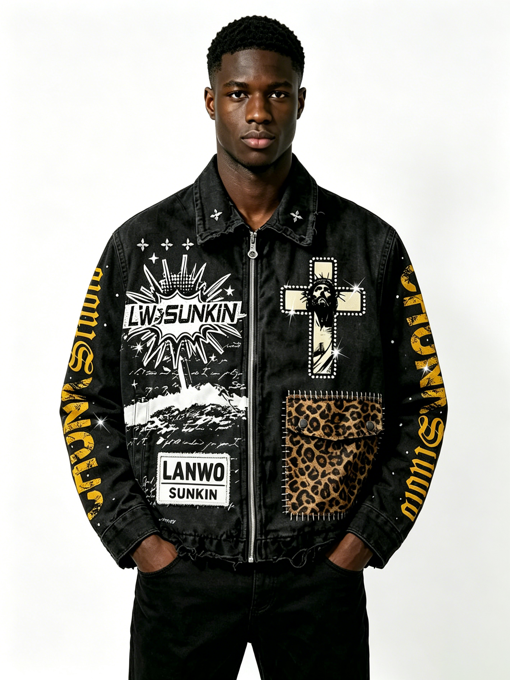 Custom Vintage Black Distressed Denim Jacket Manufacturer | Men Cross Graphic Leopard Patch Zip Up Trucker Jacket Private Label Streetwear Coat, 50 MOQ, 7-Day Sample & 15-Day Bulk Production