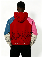 Custom Multi Color Block Rhinestone Stud Zip Up Hoodie Manufacturer | Men Patchwork Flame Print Chenille Embroidery Cropped Hooded Jacket Private Label Streetwear, 50 MOQ, 7-Day Sample & 15-Day Bulk Lead Time