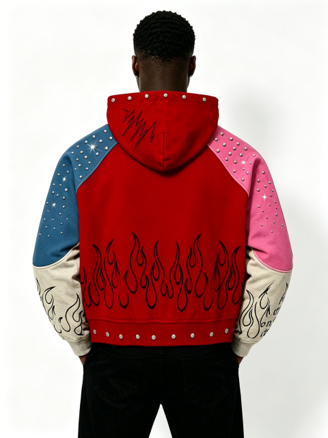 Custom Multi Color Block Rhinestone Stud Zip Up Hoodie Manufacturer | Men Patchwork Flame Print Chenille Embroidery Cropped Hooded Jacket Private Label Streetwear, 50 MOQ, 7-Day Sample & 15-Day Bulk Lead Time