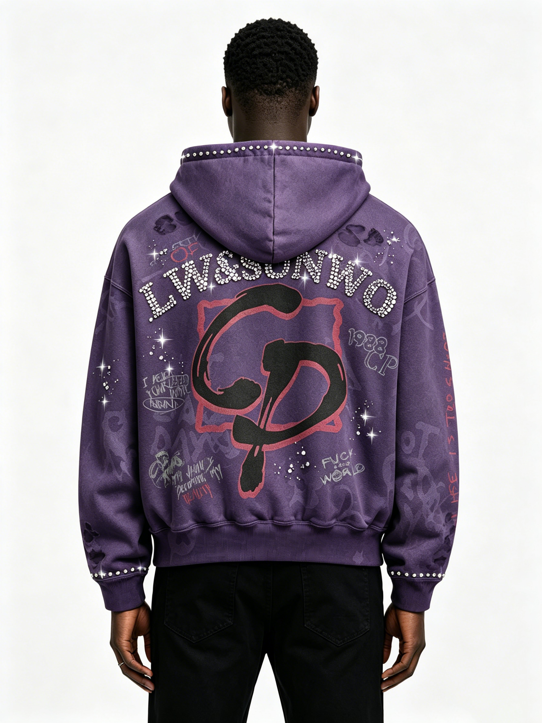 Custom Acid Washed Purple Rhinestone Zip Up Hoodie Manufacturer | Men Vintage Graffiti Print Distressed Rhinestone Letter Hooded Jacket Private Label Streetwear, 50 MOQ, 7-Day Sample & 15-Day Bulk Delivery