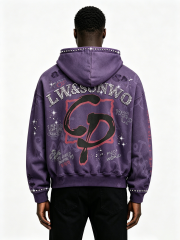 Custom Acid Washed Purple Rhinestone Zip Up Hoodie Manufacturer | Men Vintage Graffiti Print Distressed Rhinestone Letter Hooded Jacket Private Label Streetwear, 50 MOQ, 7-Day Sample & 15-Day Bulk Delivery
