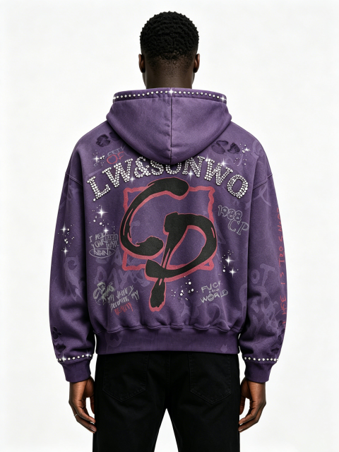Custom Acid Washed Purple Rhinestone Zip Up Hoodie Manufacturer | Men Vintage Graffiti Print Distressed Rhinestone Letter Hooded Jacket Private Label Streetwear, 50 MOQ, 7-Day Sample & 15-Day Bulk Delivery