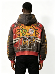 Custom Vintage Two-Tone Spliced Zip Up Hoodie Manufacturer | Men Cartoon Graphic Rhinestone Stud Cropped Hooded Jacket Private Label Streetwear Outerwear, 50 MOQ, 7-Day Sample & 15-Day Bulk Production