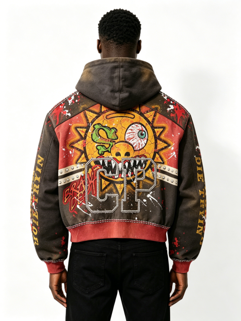 Custom Vintage Two-Tone Spliced Zip Up Hoodie Manufacturer | Men Cartoon Graphic Rhinestone Stud Cropped Hooded Jacket Private Label Streetwear Outerwear, 50 MOQ, 7-Day Sample & 15-Day Bulk Production