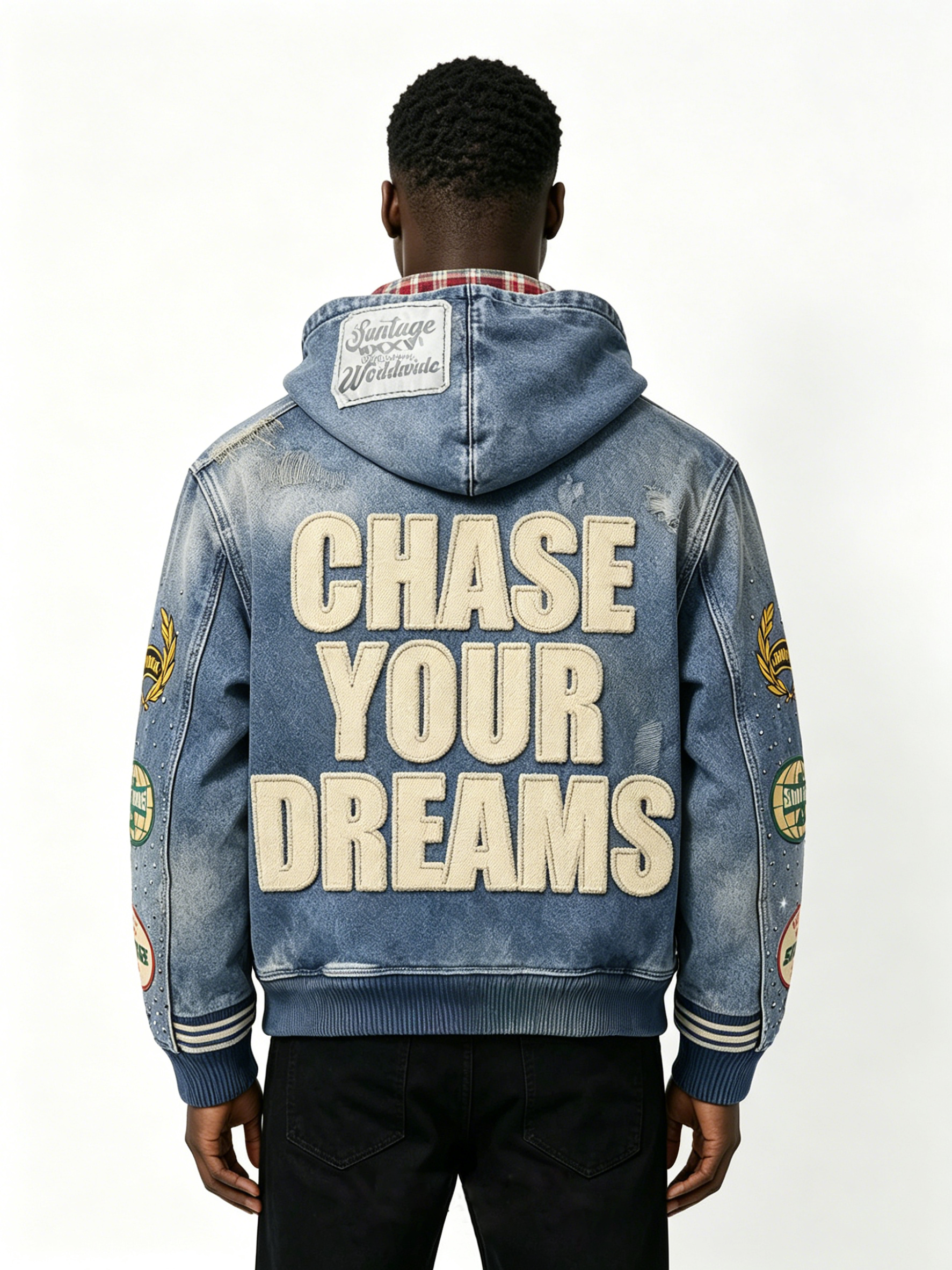 Custom Vintage Washed Denim Zip Hooded Jacket Manufacturer | Men Plaid Lining Multi Woven Patch Rhinestone Letter Hoodie Private Label Streetwear Outerwear, 50 MOQ, 7-Day Sample & 15-Day Bulk Production