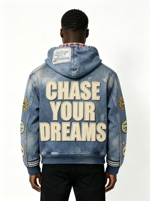 Custom Vintage Washed Denim Zip Hooded Jacket Manufacturer | Men Plaid Lining Multi Woven Patch Rhinestone Letter Hoodie Private Label Streetwear Outerwear, 50 MOQ, 7-Day Sample & 15-Day Bulk Production