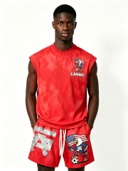 Custom Red Tie Dye Eagle USA Flag Sleeveless Tank & Shorts 2 Piece Tracksuit Manufacturer | Men Patriotic Soccer Graphic Matching Sport Set Private Label Streetwear Outfit, 50 MOQ, 7-Day Sample & 15-Day Bulk Lead Time