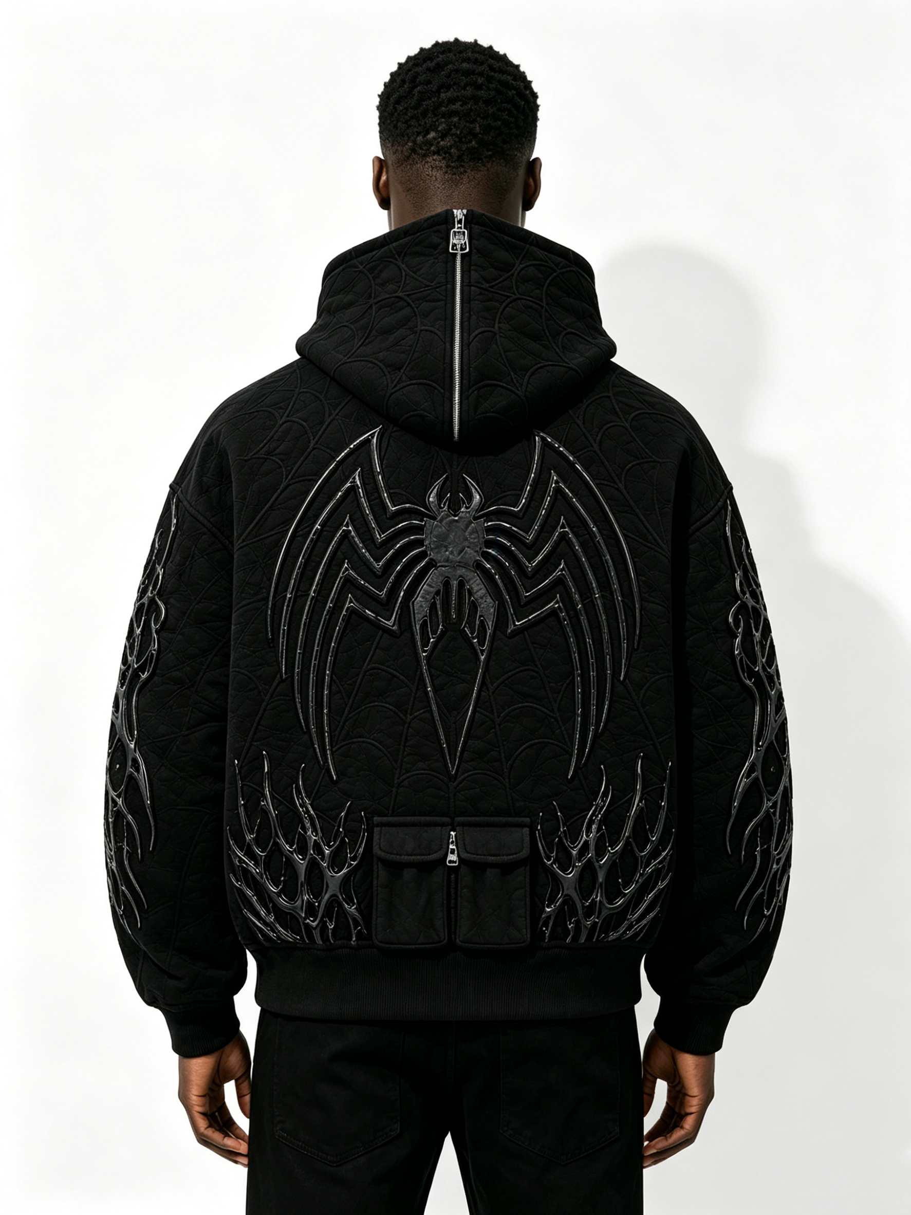 Custom 3D Thorn Embossed Quilted Zip Up Hoodie Manufacturer | Men Devil Teeth Hood Gothic Spider Detail Oversized Dark Streetwear Jacket Private Label, 50 MOQ, 7-Day Sample & 15-Day Bulk Lead Time