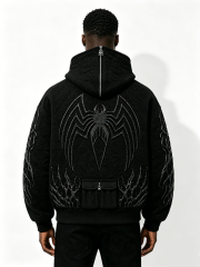 Custom 3D Thorn Embossed Quilted Zip Up Hoodie Manufacturer | Men Devil Teeth Hood Gothic Spider Detail Oversized Dark Streetwear Jacket Private Label, 50 MOQ, 7-Day Sample & 15-Day Bulk Lead Time
