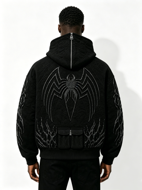 Custom 3D Thorn Embossed Quilted Zip Up Hoodie Manufacturer | Men Devil Teeth Hood Gothic Spider Detail Oversized Dark Streetwear Jacket Private Label, 50 MOQ, 7-Day Sample & 15-Day Bulk Lead Time