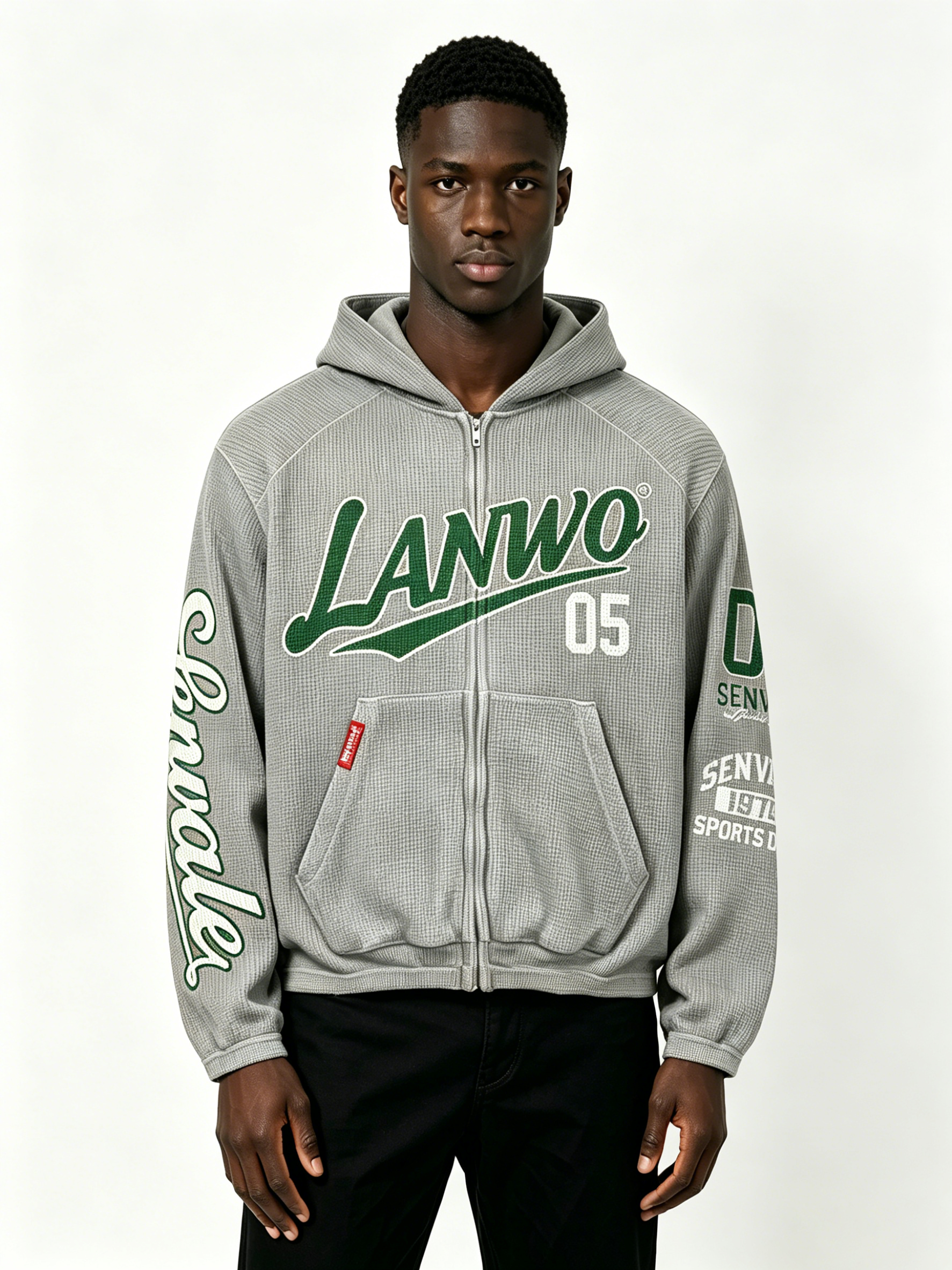 Custom Oversized Waffle Knit Full Zip Hoodie LANWO 05 Vintage Varsity Letter Print Kangaroo Pocket Streetwear Zip Up Hooded Jacket