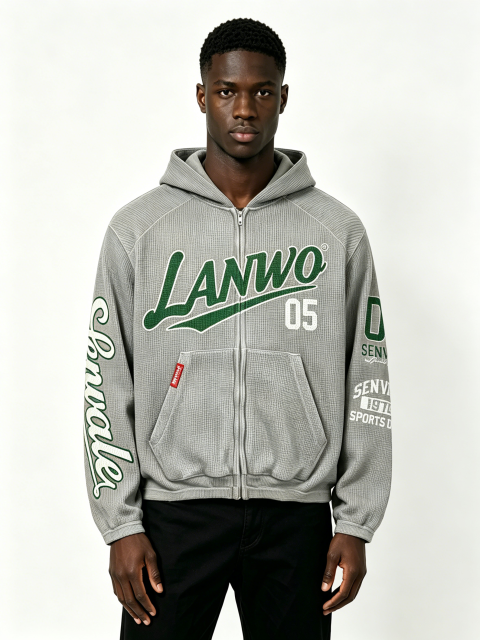 Custom Oversized Waffle Knit Full Zip Hoodie LANWO 05 Vintage Varsity Letter Print Kangaroo Pocket Streetwear Zip Up Hooded Jacket