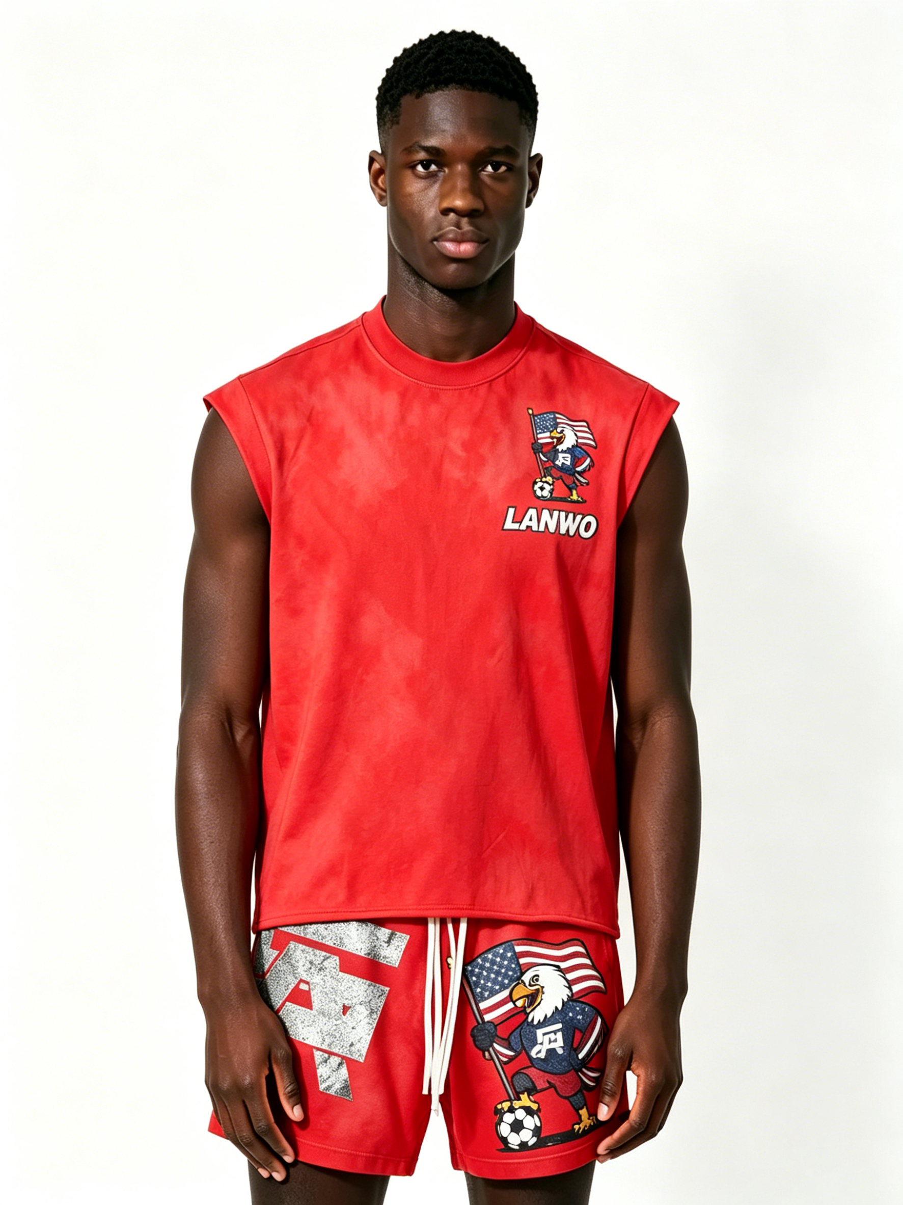 Custom Red Tie Dye Eagle USA Flag Sleeveless Tank & Shorts 2 Piece Tracksuit Manufacturer | Men Patriotic Soccer Graphic Matching Sport Set Private Label Streetwear Outfit, 50 MOQ, 7-Day Sample & 15-Day Bulk Lead Time