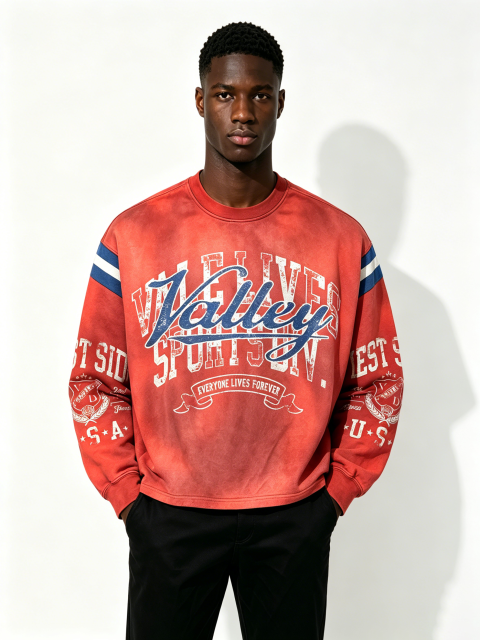 Custom Vintage Acid Wash Red Crewneck Sweatshirt Valley Retro Varsity Distressed Print Striped Sleeve Oversized Unisex Streetwear Pullover OEM ODM Private Label Custom Logo Wash Fabric