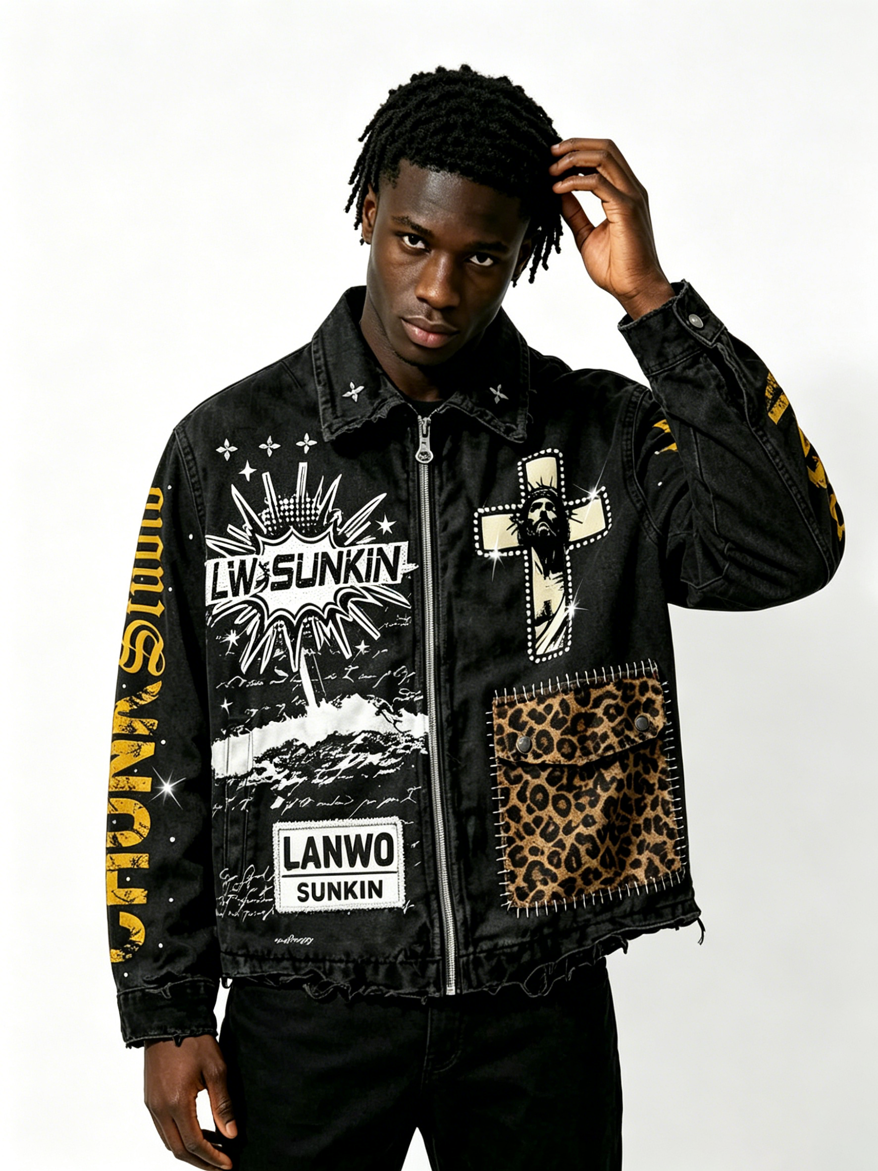 Custom Vintage Black Distressed Denim Jacket Manufacturer | Men Cross Graphic Leopard Patch Zip Up Trucker Jacket Private Label Streetwear Coat, 50 MOQ, 7-Day Sample & 15-Day Bulk Production