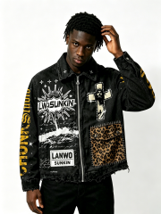 Custom Vintage Black Distressed Denim Jacket Manufacturer | Men Cross Graphic Leopard Patch Zip Up Trucker Jacket Private Label Streetwear Coat, 50 MOQ, 7-Day Sample & 15-Day Bulk Production