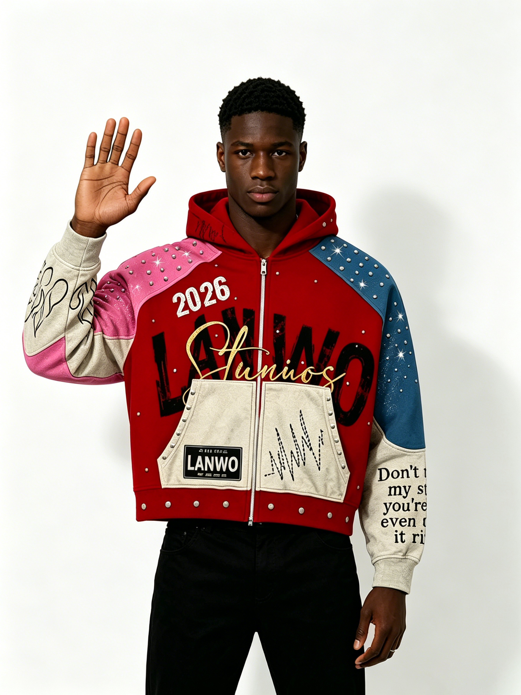Custom Multi Color Block Rhinestone Stud Zip Up Hoodie Manufacturer | Men Patchwork Flame Print Chenille Embroidery Cropped Hooded Jacket Private Label Streetwear, 50 MOQ, 7-Day Sample & 15-Day Bulk Lead Time