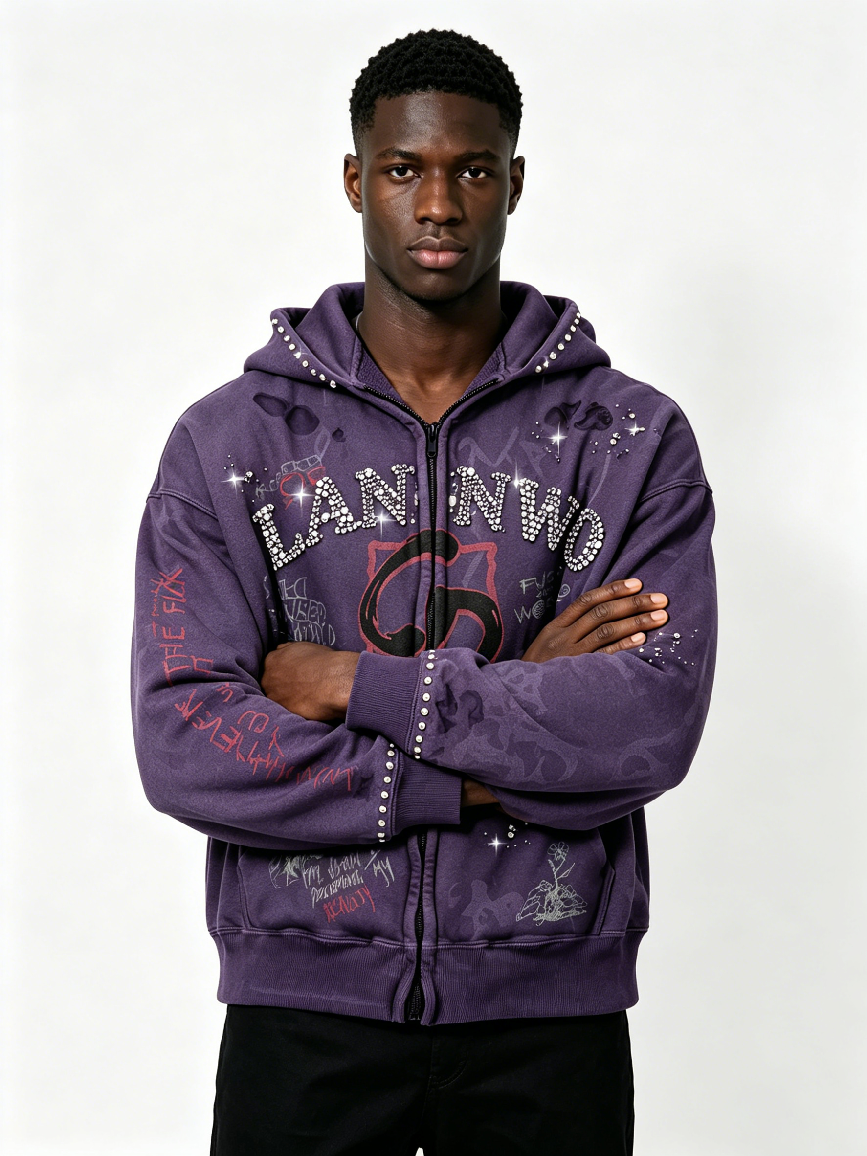 Custom Acid Washed Purple Rhinestone Zip Up Hoodie Manufacturer | Men Vintage Graffiti Print Distressed Rhinestone Letter Hooded Jacket Private Label Streetwear, 50 MOQ, 7-Day Sample & 15-Day Bulk Delivery