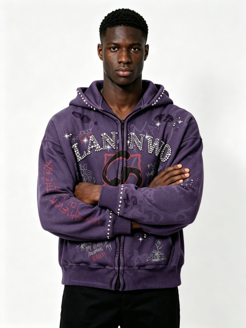 Custom Acid Washed Purple Rhinestone Zip Up Hoodie Manufacturer | Men Vintage Graffiti Print Distressed Rhinestone Letter Hooded Jacket Private Label Streetwear, 50 MOQ, 7-Day Sample & 15-Day Bulk Delivery