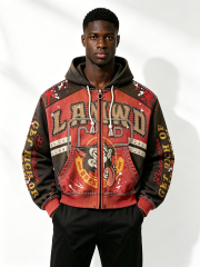 Custom Vintage Two-Tone Spliced Zip Up Hoodie Manufacturer | Men Cartoon Graphic Rhinestone Stud Cropped Hooded Jacket Private Label Streetwear Outerwear, 50 MOQ, 7-Day Sample & 15-Day Bulk Production