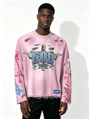 Custom Pink Gradient Distressed Long Sleeve T Shirt Manufacturer | Men Rhinestone GOD Cross Graphic Frayed Raw Edge Destroyed Tee Private Label Gothic Streetwear, 50 MOQ, 7-Day Sample & 15-Day Bulk Lead Time