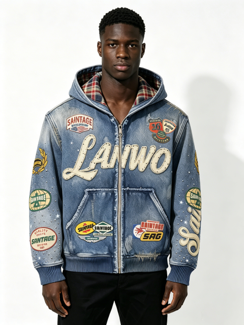 Custom Vintage Washed Denim Zip Hooded Jacket Manufacturer | Men Plaid Lining Multi Woven Patch Rhinestone Letter Hoodie Private Label Streetwear Outerwear, 50 MOQ, 7-Day Sample & 15-Day Bulk Production