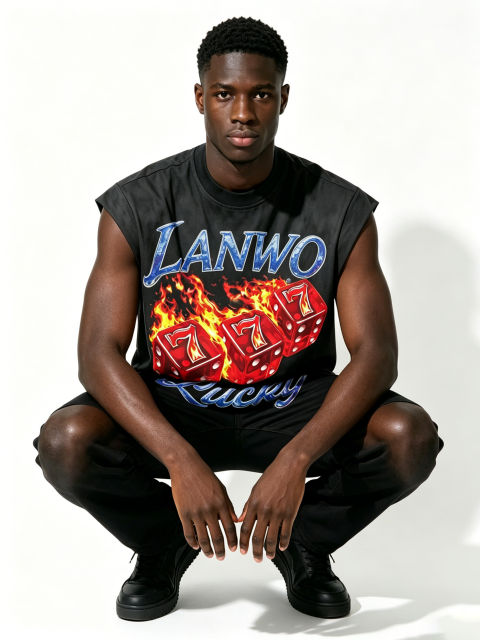 Custom Vintage Smoke Wash Lucky Dice Flame Graphic Sleeveless Tank Top Manufacturer | Men Cutoff Muscle Tee Private Label Y2K Hip Hop Streetwear Vest, 50 MOQ, 7-Day Sample & 15-Day Bulk Lead Time
