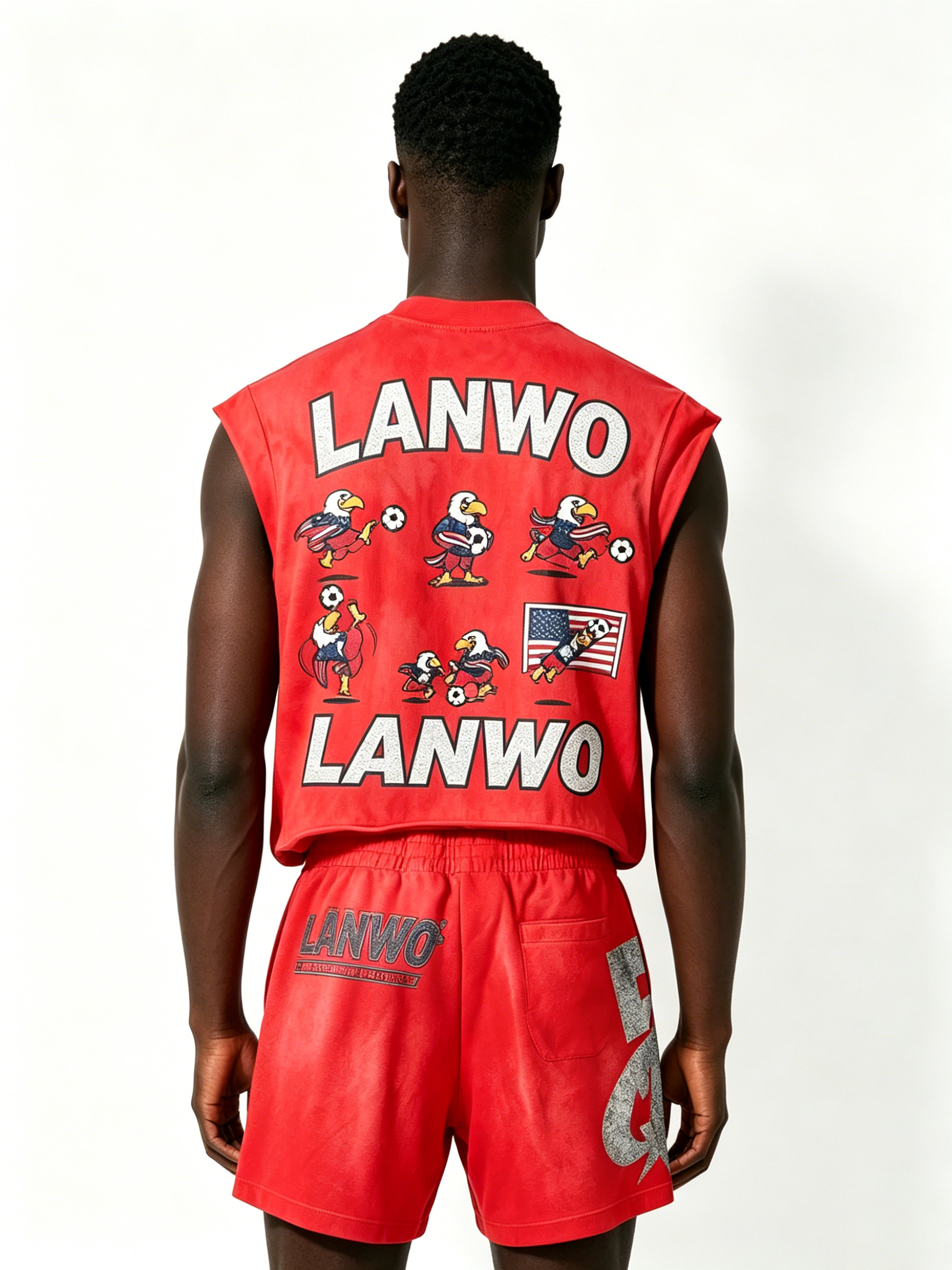 Custom Red Tie Dye Eagle USA Flag Sleeveless Tank & Shorts 2 Piece Tracksuit Manufacturer | Men Patriotic Soccer Graphic Matching Sport Set Private Label Streetwear Outfit, 50 MOQ, 7-Day Sample & 15-Day Bulk Lead Time
