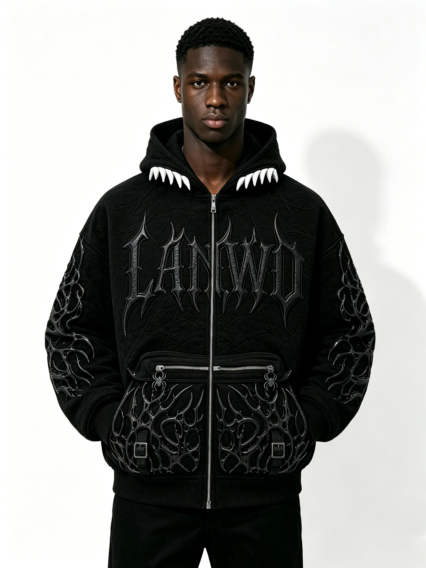 Custom 3D Thorn Embossed Quilted Zip Up Hoodie Manufacturer | Men Devil Teeth Hood Gothic Spider Detail Oversized Dark Streetwear Jacket Private Label, 50 MOQ, 7-Day Sample & 15-Day Bulk Lead Time
