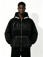 Custom 3D Thorn Embossed Quilted Zip Up Hoodie Manufacturer | Men Devil Teeth Hood Gothic Spider Detail Oversized Dark Streetwear Jacket Private Label, 50 MOQ, 7-Day Sample & 15-Day Bulk Lead Time