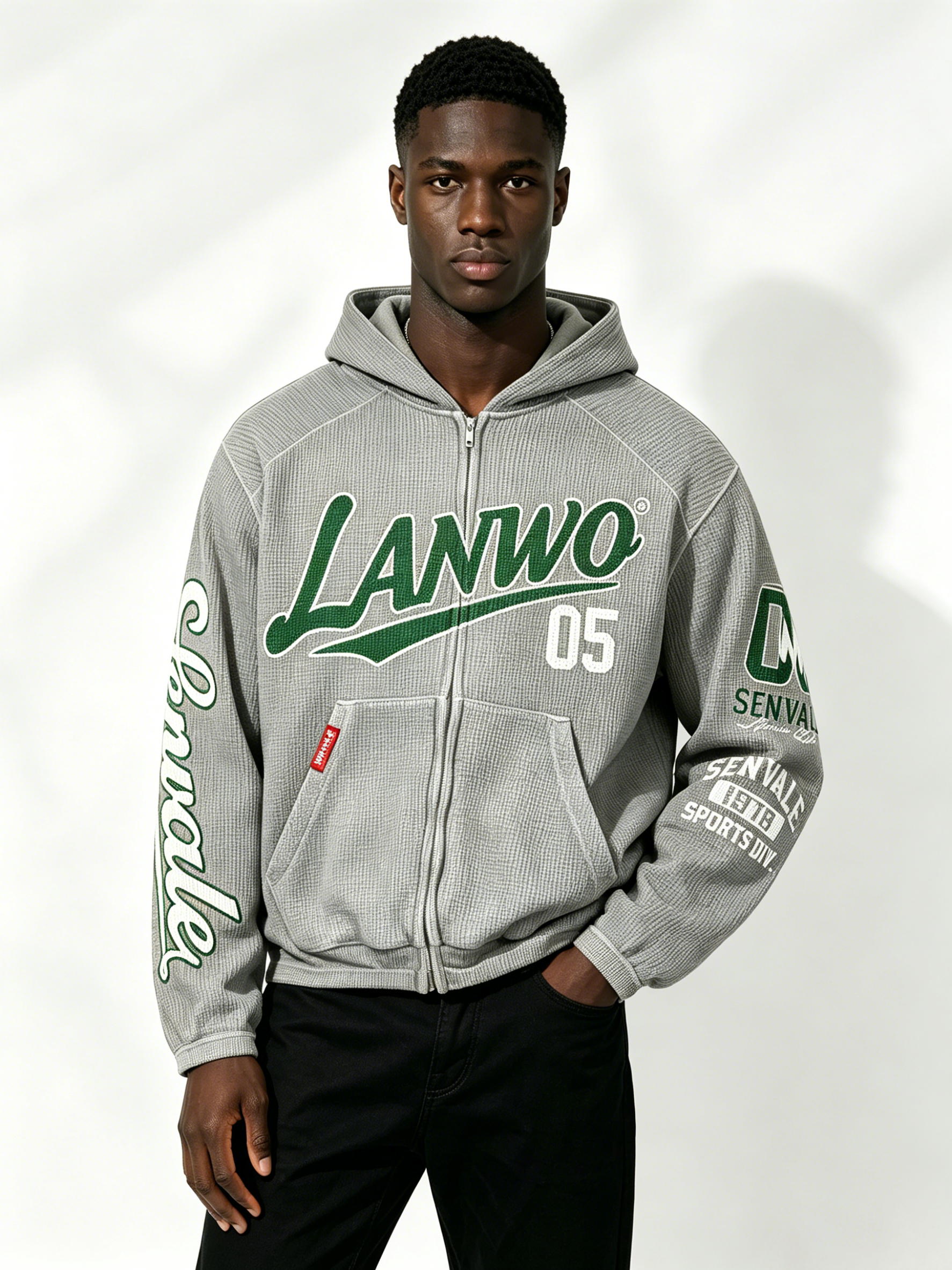 Custom Oversized Waffle Knit Full Zip Hoodie LANWO 05 Vintage Varsity Letter Print Kangaroo Pocket Streetwear Zip Up Hooded Jacket