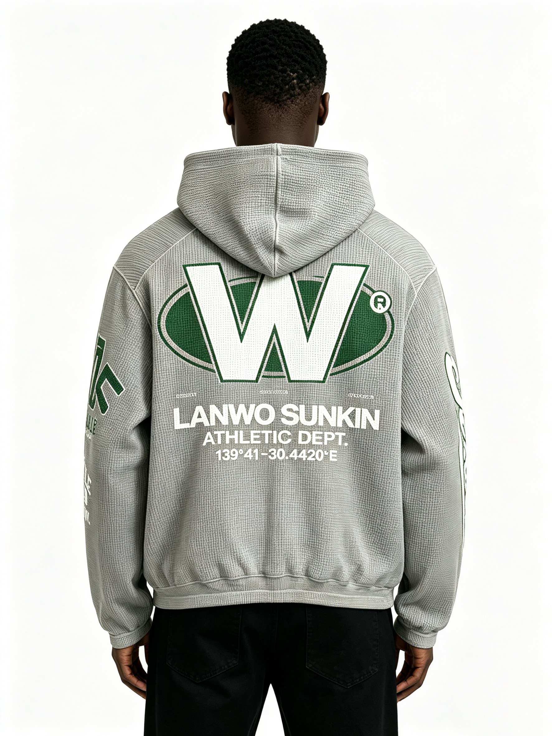 Custom Oversized Waffle Knit Full Zip Hoodie LANWO 05 Vintage Varsity Letter Print Kangaroo Pocket Streetwear Zip Up Hooded Jacket