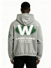 Custom Oversized Waffle Knit Full Zip Hoodie LANWO 05 Vintage Varsity Letter Print Kangaroo Pocket Streetwear Zip Up Hooded Jacket