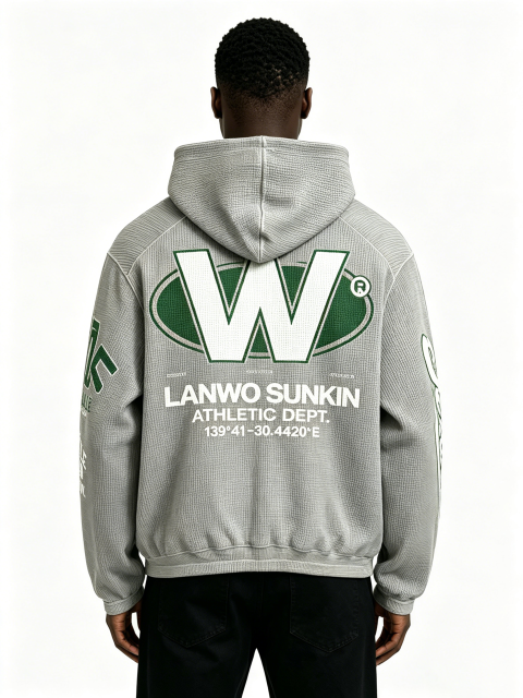 Custom Oversized Waffle Knit Full Zip Hoodie LANWO 05 Vintage Varsity Letter Print Kangaroo Pocket Streetwear Zip Up Hooded Jacket
