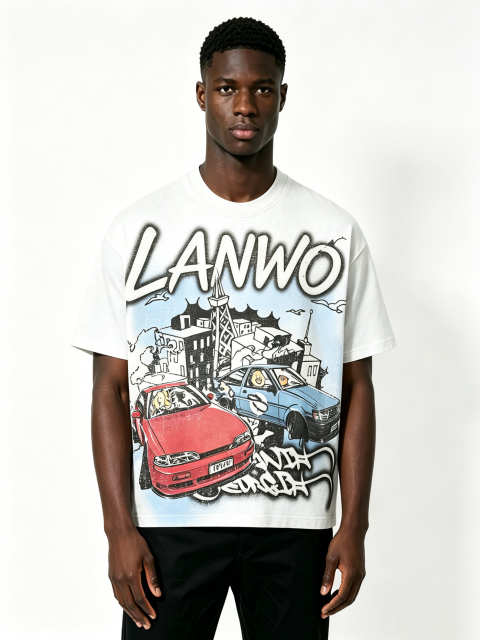 Custom JDM Car City Graffiti Oversized T Shirt Manufacturer | Men Heavyweight Urban Racing Cartoon Print Boxy Tee Private Label Streetwear Apparel, 50 MOQ, 7-Day Sample & 15-Day Bulk Production