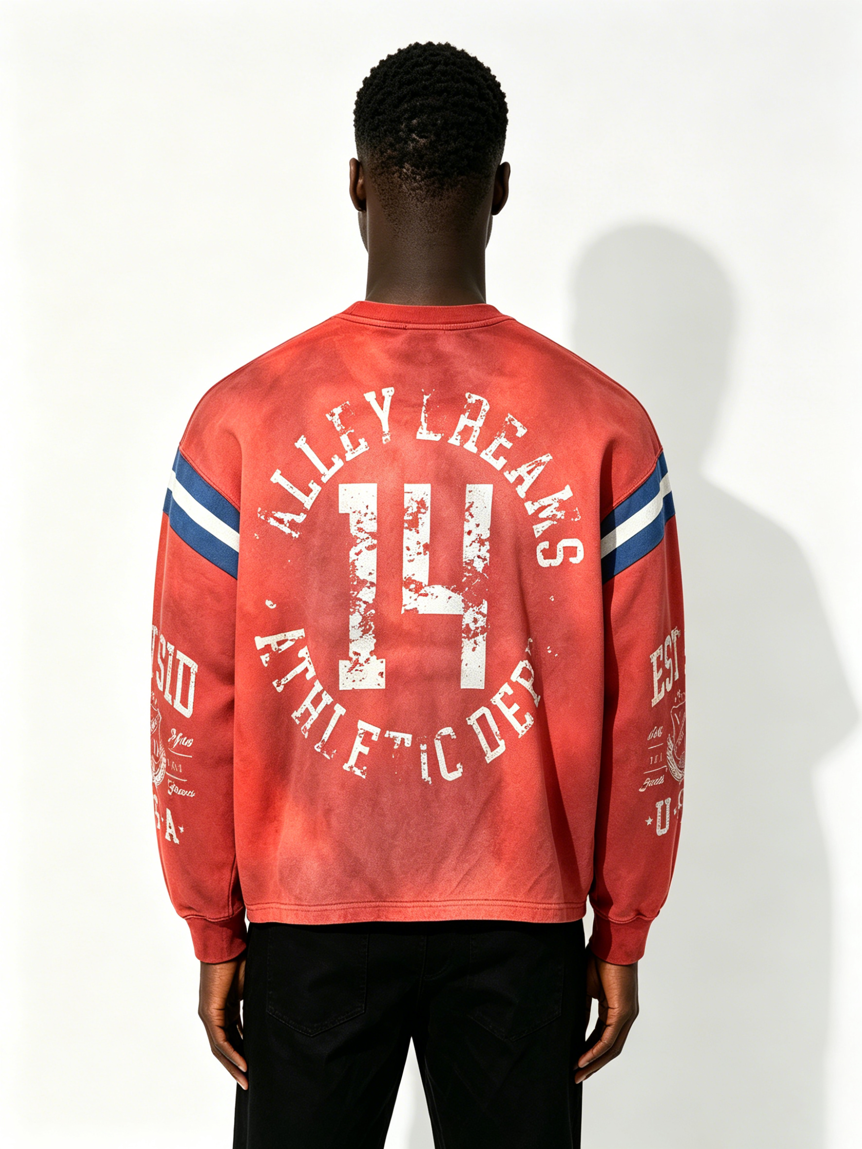 Custom Vintage Acid Wash Red Crewneck Sweatshirt Valley Retro Varsity Distressed Print Striped Sleeve Oversized Unisex Streetwear Pullover OEM ODM Private Label Custom Logo Wash Fabric