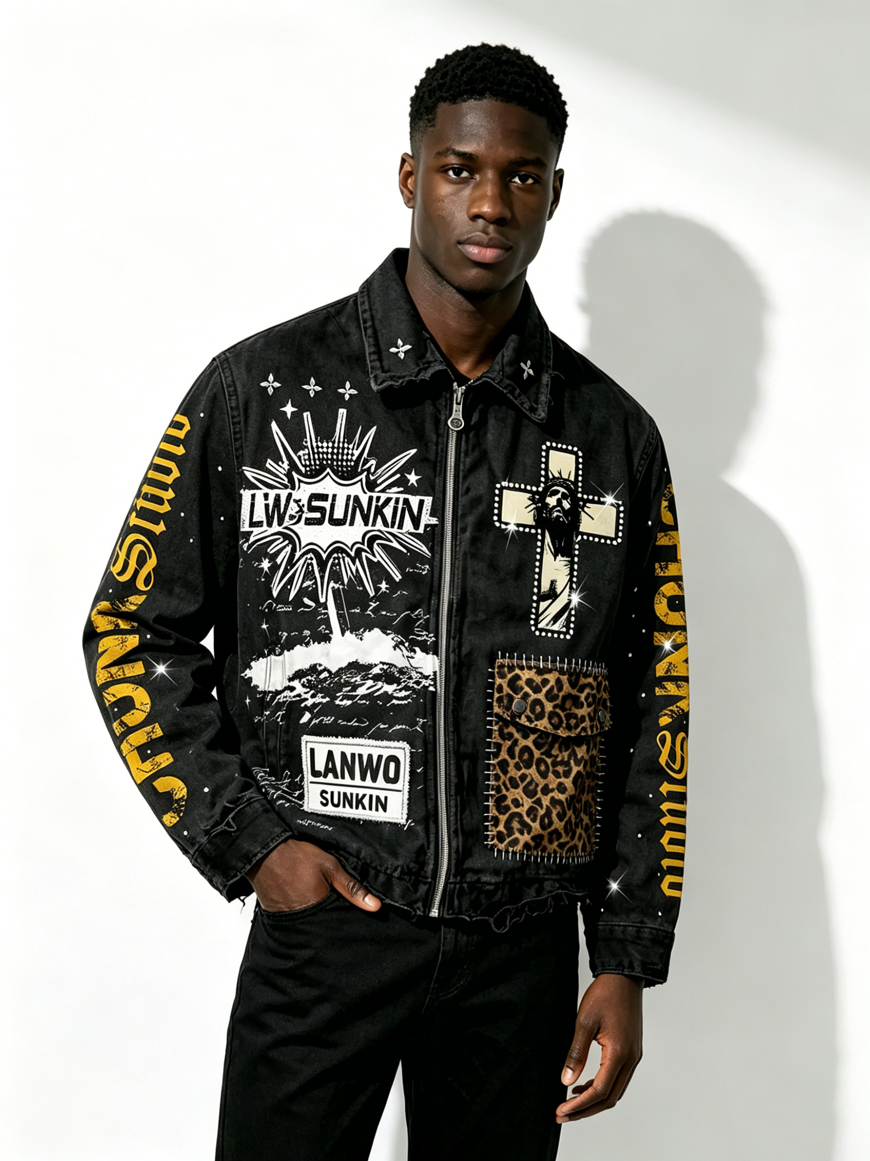 Custom Vintage Black Distressed Denim Jacket Manufacturer | Men Cross Graphic Leopard Patch Zip Up Trucker Jacket Private Label Streetwear Coat, 50 MOQ, 7-Day Sample & 15-Day Bulk Production