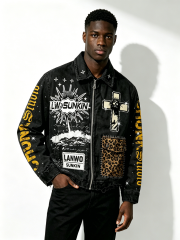 Custom Vintage Black Distressed Denim Jacket Manufacturer | Men Cross Graphic Leopard Patch Zip Up Trucker Jacket Private Label Streetwear Coat, 50 MOQ, 7-Day Sample & 15-Day Bulk Production