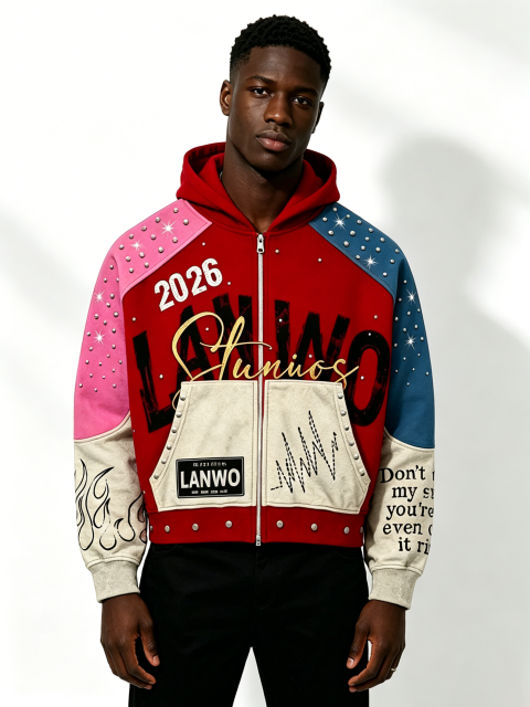 Custom Multi Color Block Rhinestone Stud Zip Up Hoodie Manufacturer | Men Patchwork Flame Print Chenille Embroidery Cropped Hooded Jacket Private Label Streetwear, 50 MOQ, 7-Day Sample & 15-Day Bulk Lead Time