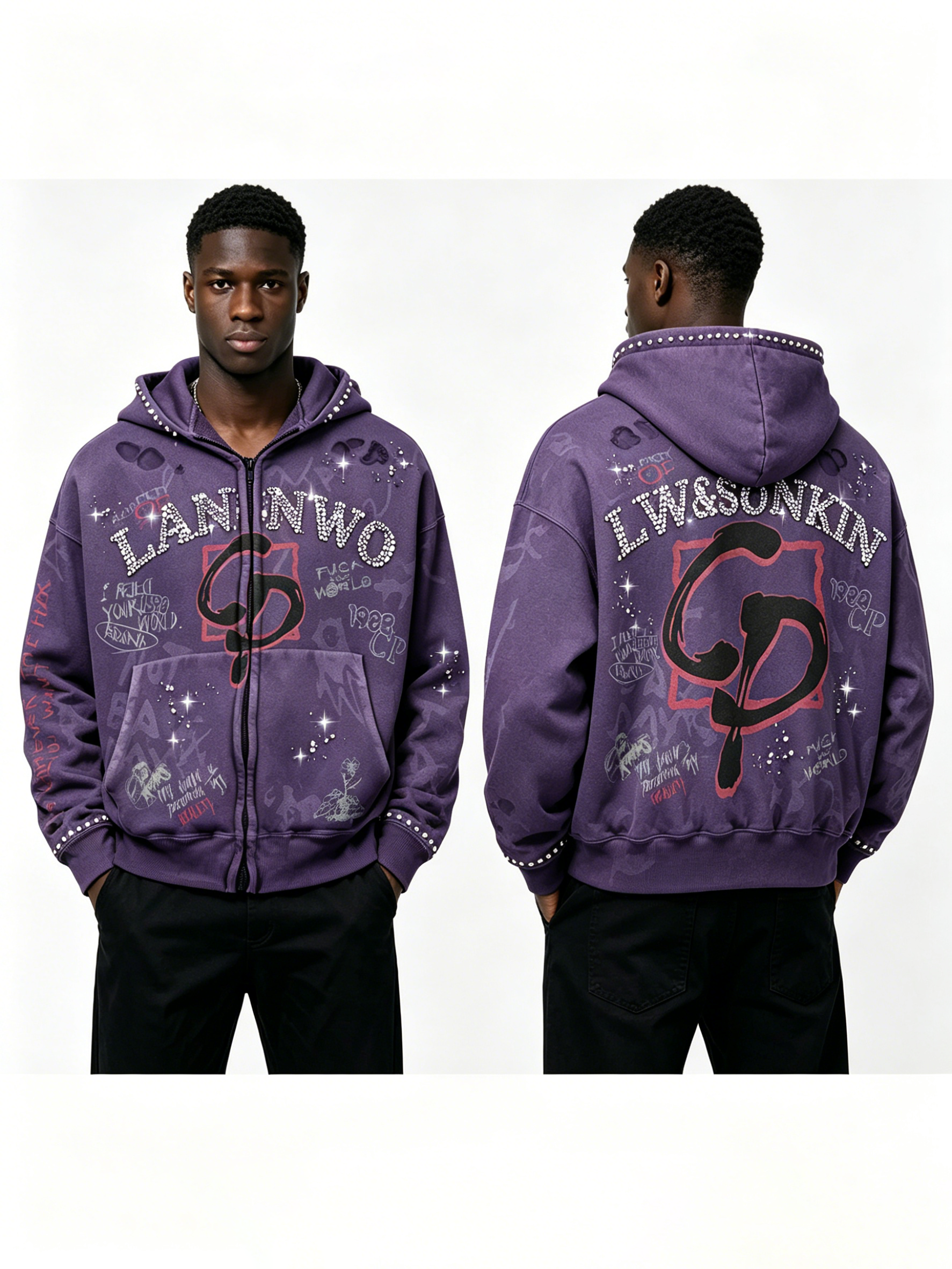 Custom Acid Washed Purple Rhinestone Zip Up Hoodie Manufacturer | Men Vintage Graffiti Print Distressed Rhinestone Letter Hooded Jacket Private Label Streetwear, 50 MOQ, 7-Day Sample & 15-Day Bulk Delivery
