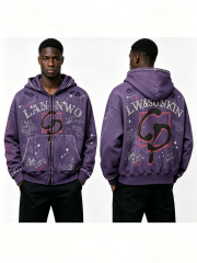 Custom Acid Washed Purple Rhinestone Zip Up Hoodie Manufacturer | Men Vintage Graffiti Print Distressed Rhinestone Letter Hooded Jacket Private Label Streetwear, 50 MOQ, 7-Day Sample & 15-Day Bulk Delivery