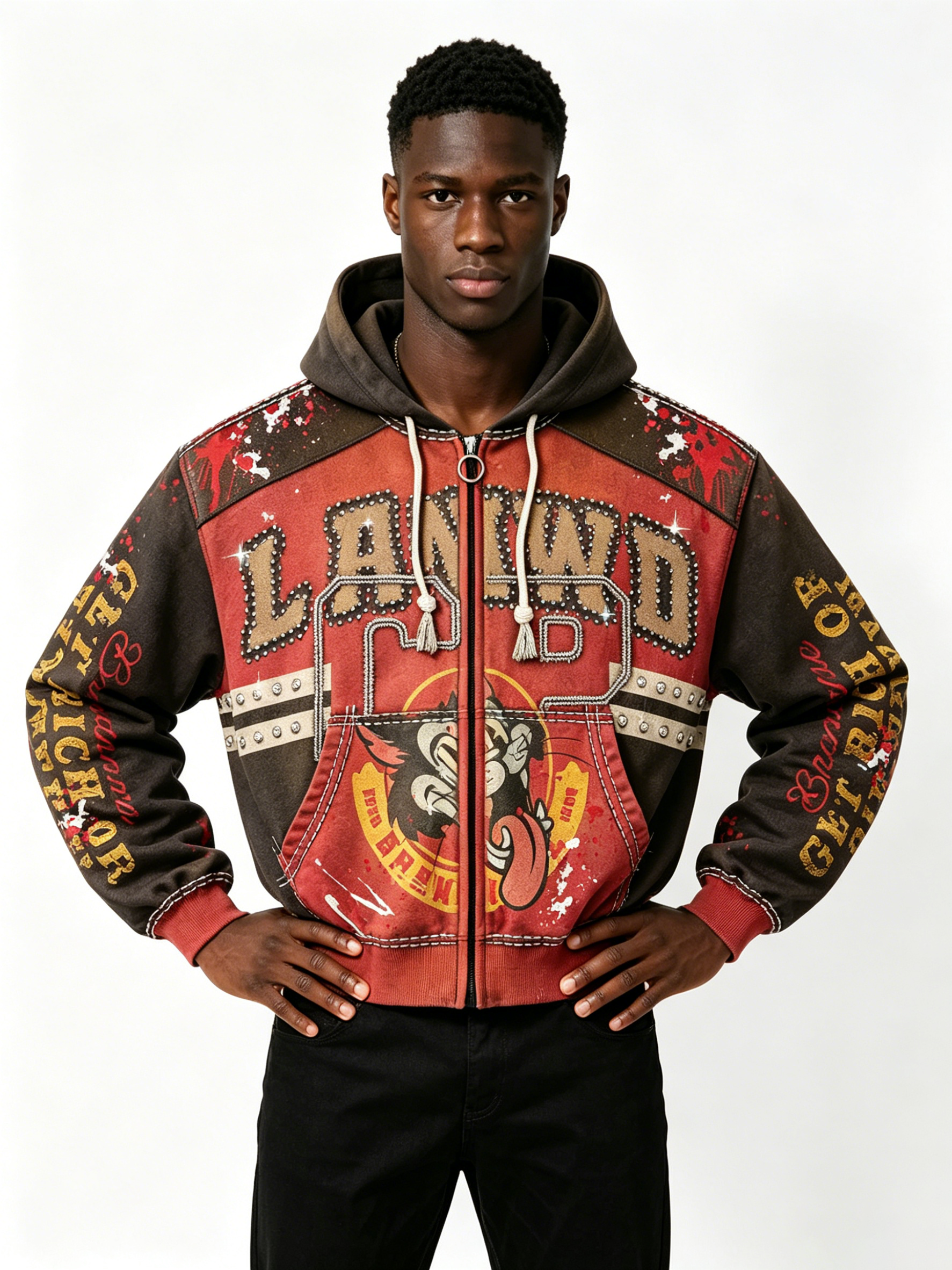 Custom Vintage Two-Tone Spliced Zip Up Hoodie Manufacturer | Men Cartoon Graphic Rhinestone Stud Cropped Hooded Jacket Private Label Streetwear Outerwear, 50 MOQ, 7-Day Sample & 15-Day Bulk Production