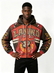 Custom Vintage Two-Tone Spliced Zip Up Hoodie Manufacturer | Men Cartoon Graphic Rhinestone Stud Cropped Hooded Jacket Private Label Streetwear Outerwear, 50 MOQ, 7-Day Sample & 15-Day Bulk Production