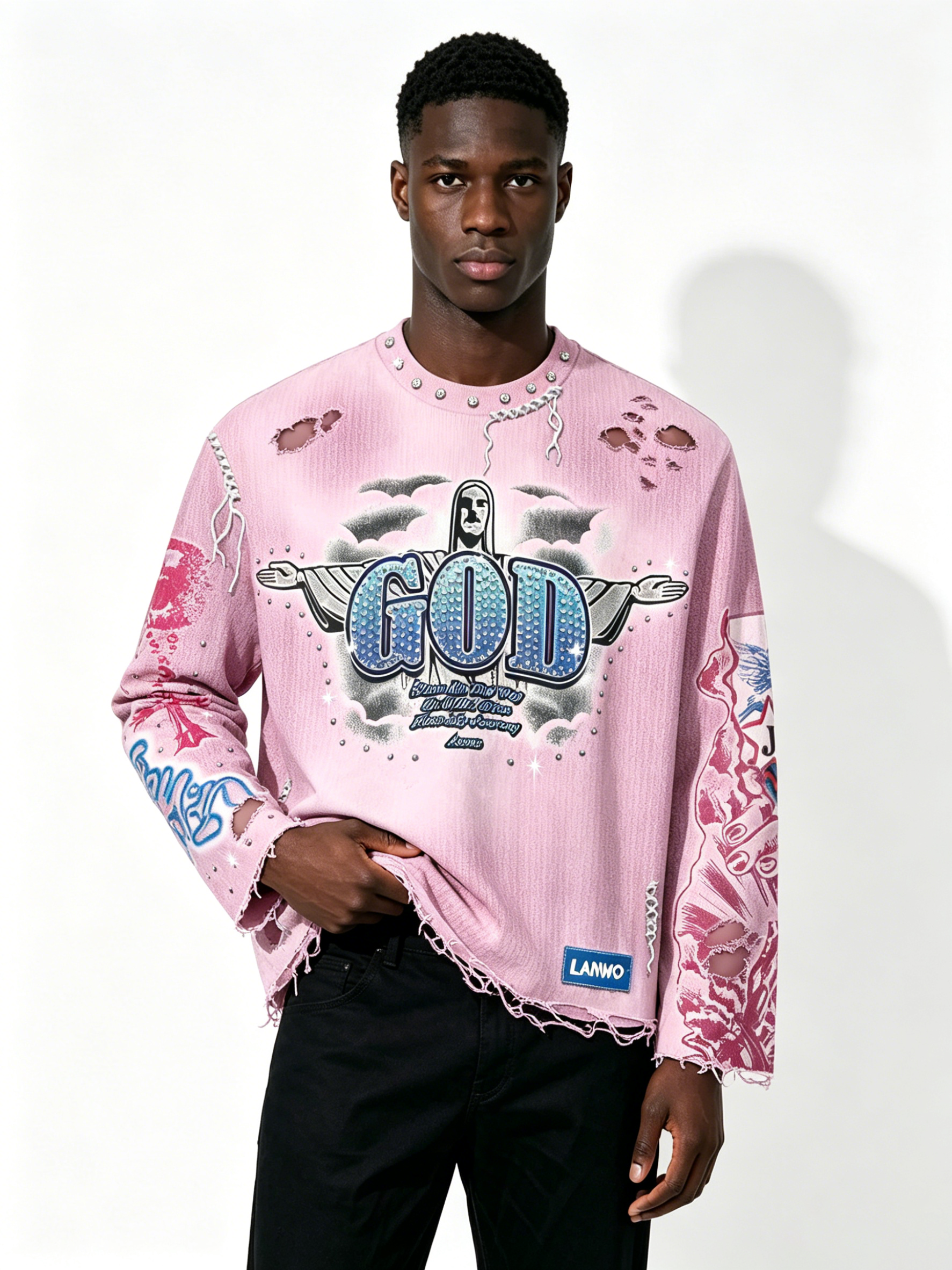Custom Pink Gradient Distressed Long Sleeve T Shirt Manufacturer | Men Rhinestone GOD Cross Graphic Frayed Raw Edge Destroyed Tee Private Label Gothic Streetwear, 50 MOQ, 7-Day Sample & 15-Day Bulk Lead Time
