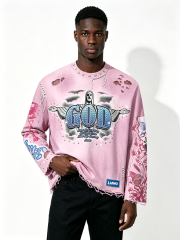 Custom Pink Gradient Distressed Long Sleeve T Shirt Manufacturer | Men Rhinestone GOD Cross Graphic Frayed Raw Edge Destroyed Tee Private Label Gothic Streetwear, 50 MOQ, 7-Day Sample & 15-Day Bulk Lead Time