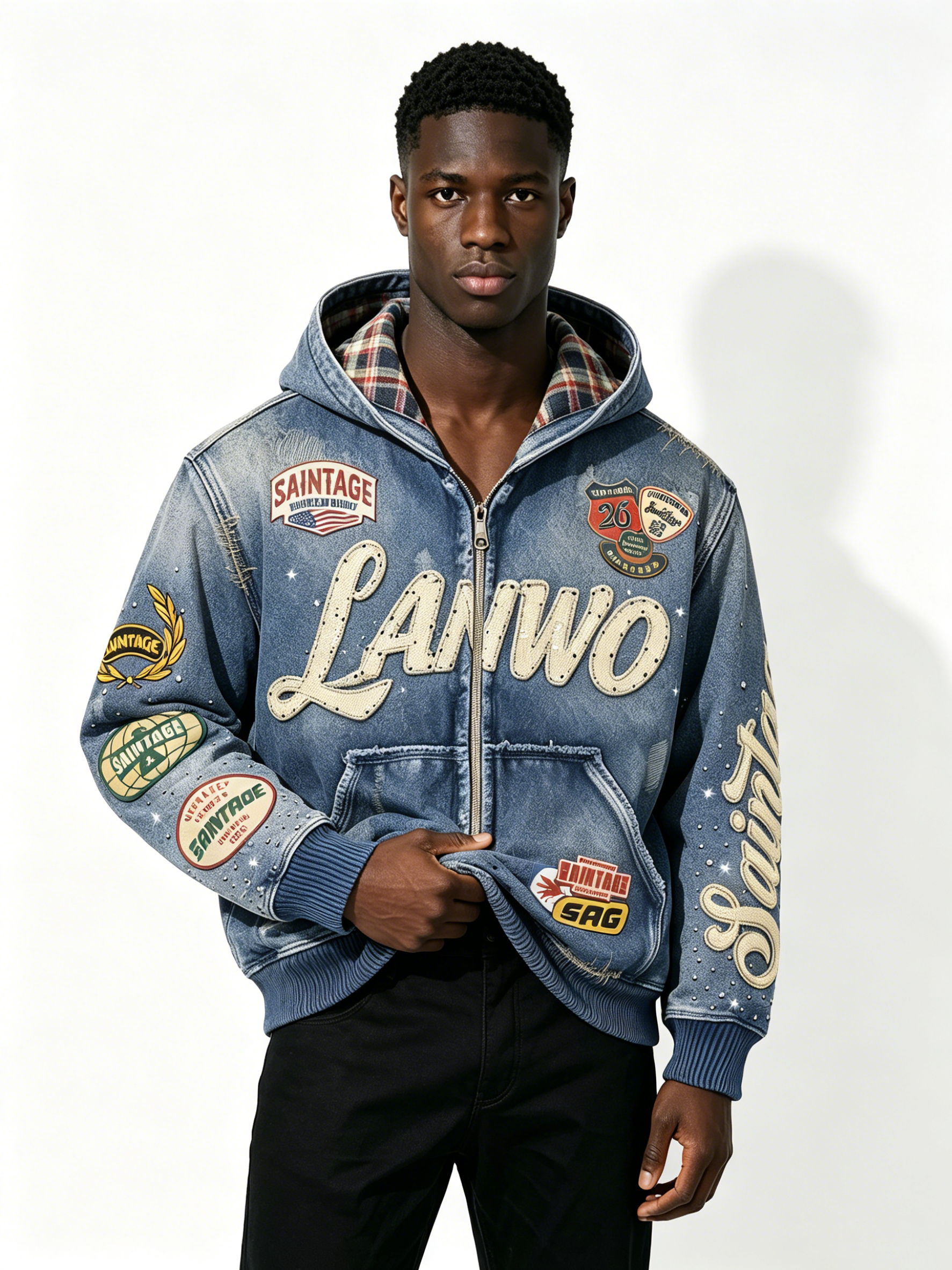 Custom Vintage Washed Denim Zip Hooded Jacket Manufacturer | Men Plaid Lining Multi Woven Patch Rhinestone Letter Hoodie Private Label Streetwear Outerwear, 50 MOQ, 7-Day Sample & 15-Day Bulk Production