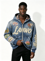 Custom Vintage Washed Denim Zip Hooded Jacket Manufacturer | Men Plaid Lining Multi Woven Patch Rhinestone Letter Hoodie Private Label Streetwear Outerwear, 50 MOQ, 7-Day Sample & 15-Day Bulk Production