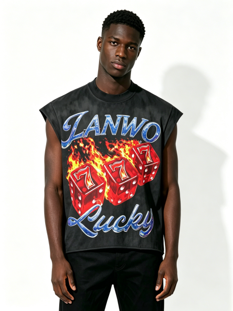 Custom Vintage Smoke Wash Lucky Dice Flame Graphic Sleeveless Tank Top Manufacturer | Men Cutoff Muscle Tee Private Label Y2K Hip Hop Streetwear Vest, 50 MOQ, 7-Day Sample & 15-Day Bulk Lead Time