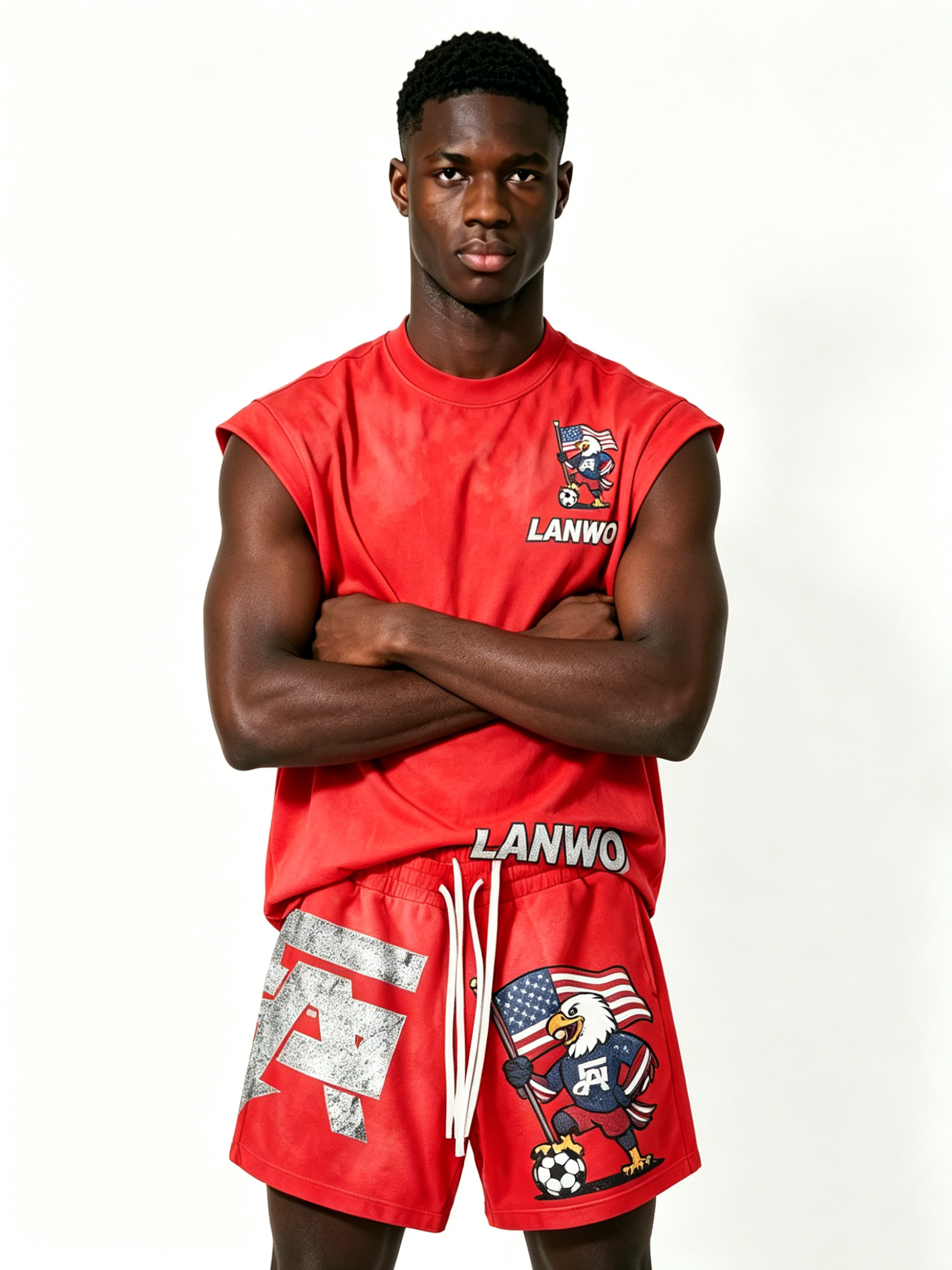 Custom Red Tie Dye Eagle USA Flag Sleeveless Tank & Shorts 2 Piece Tracksuit Manufacturer | Men Patriotic Soccer Graphic Matching Sport Set Private Label Streetwear Outfit, 50 MOQ, 7-Day Sample & 15-Day Bulk Lead Time